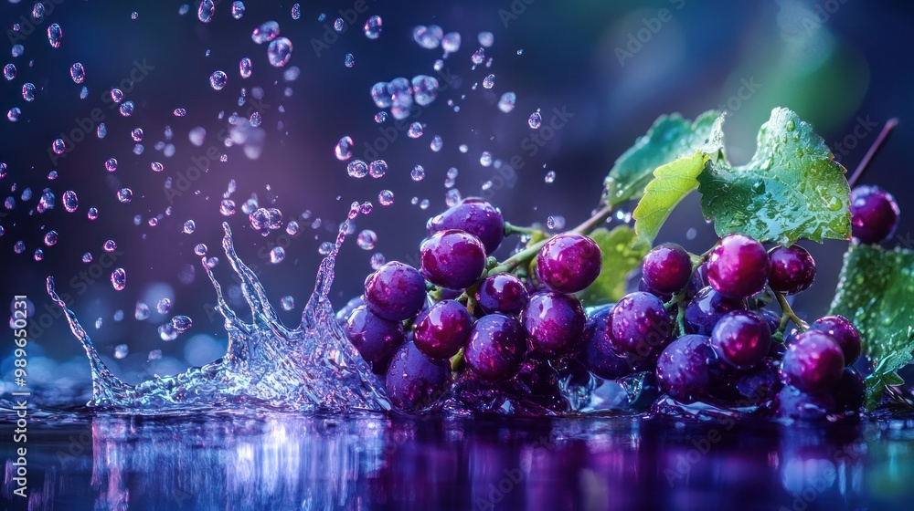 Poster grapes splashing in water, creating a vibrant and dynamic scene.