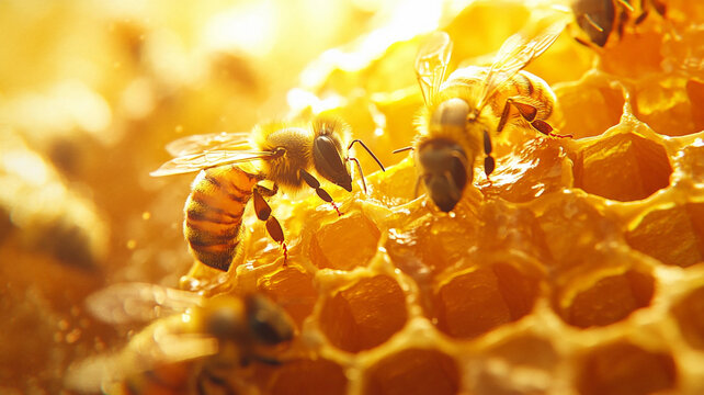 Close up view of a bumble bee honey comb with honey bees on it