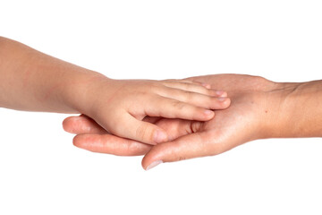 Child's hand in mother's hand isolated on white background. Close-up of baby's and mother's hands.