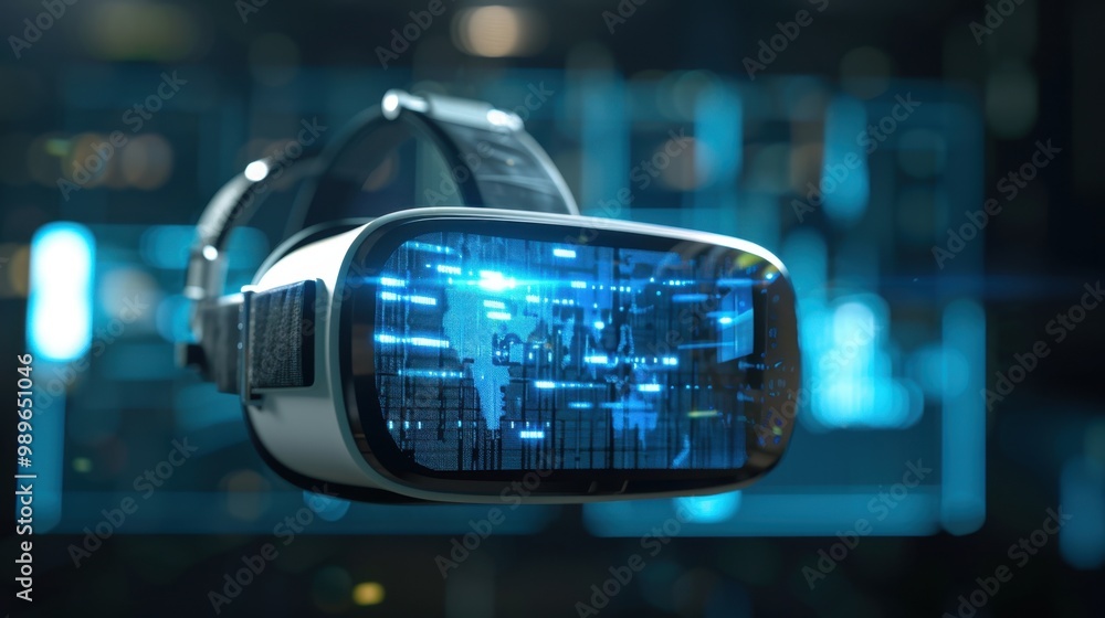 Poster a virtual reality headset displaying cybersecurity simulations, used for training and threat detecti