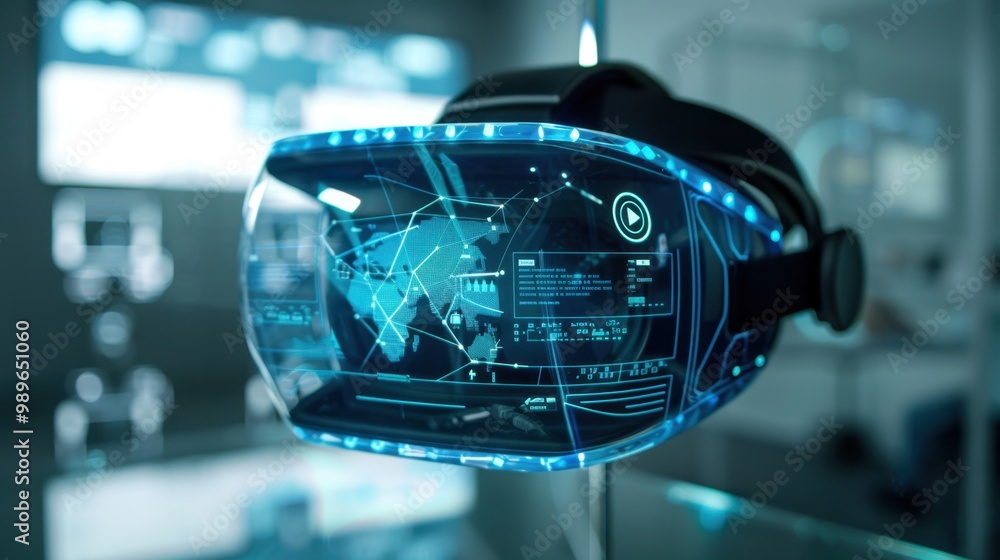 Poster a virtual reality headset displaying cybersecurity simulations, used for training and threat detecti