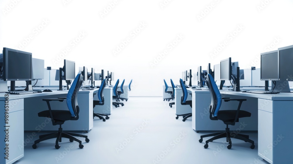 Poster a modern office space with rows of desks and computer monitors.