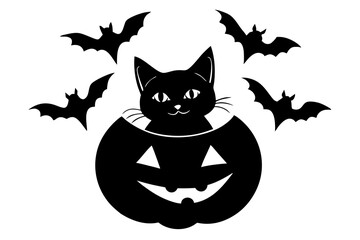 Black cat comes out of a jack o lantern pumpkin surrounded by bat in cute vector art illustration perfect for horror and Halloween design themes editable asset template