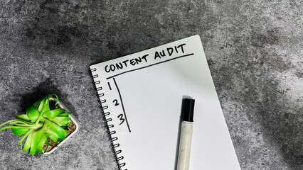 Concept of Content Audit write on book. Supported by an additional services isolated on Wooden...