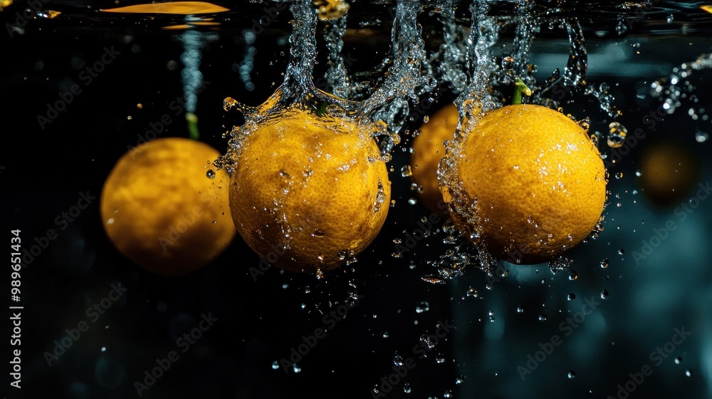 Poster oranges splashing into water, creating dynamic droplets and bubbles.