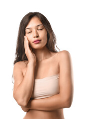 Obraz premium Young Asian woman in bandeau top on white background