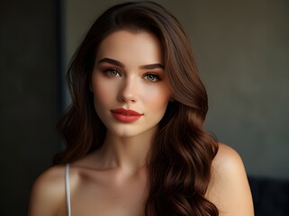 Fototapeta premium A 25-year-old Caucasian woman with long, wavy brown hair and green eyes, wearing a white tank top, posing against a dark background