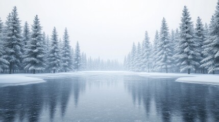 A serene winter landscape featuring snow-covered trees and a calm, reflective lake.