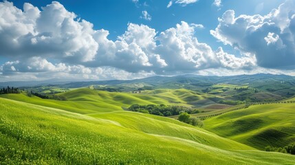 Obraz premium Landscape of rolling hills, picturesque countryside with green fields and scenic meadows, rural farmland in a sunny summer morning.