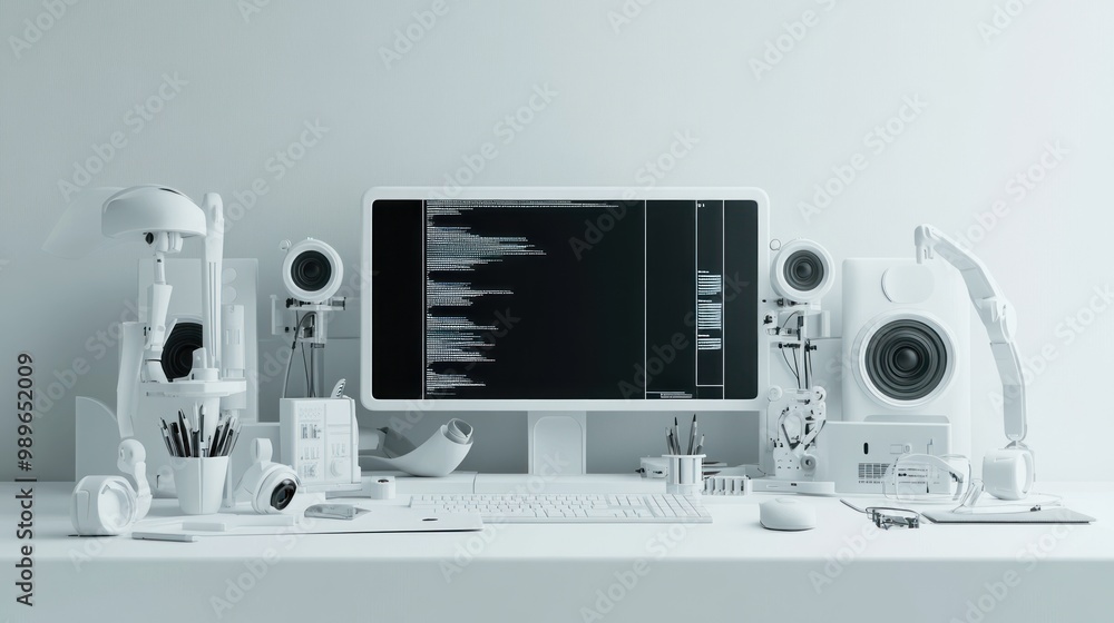 Aufkleber a minimalist workspace featuring a computer and various tech gadgets in white tones.