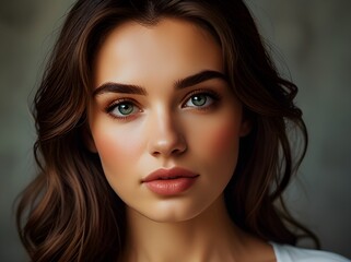Obraz premium A young Caucasian woman with long brown wavy hair, green eyes, and natural makeup