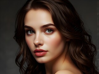 A young Caucasian woman with long wavy brown hair, blue eyes, and red lipstick against a dark background
