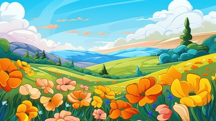 Vibrant Wildflowers in a Rolling Green Meadow with a Blue Mountain Range in the Background