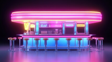 Obraz premium A vibrant, retro-style diner with neon lights and bar stools, evoking a nostalgic atmosphere.