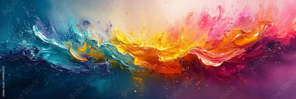 Poster vivid paint explosion on canvas, dynamic colors blend into soft abstract shapes, creating an energet