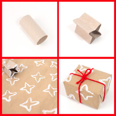 Decorative stamps tutorial with toilet paper roll, paint, and sheets of paper. Create unique wrapping paper or decorate greeting cards. DIY crafting project for personalized designs