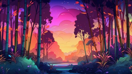 Fototapeta premium A Colorful Sunset Through a Bamboo Forest
