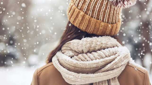 Frau mit Winterm&uuml;tze und Schal im Schneefall von hinten.