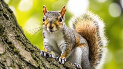 Fototapeta premium A close-up of a squirrel perched on a tree branch, showcasing its vibrant fur and curious expression.