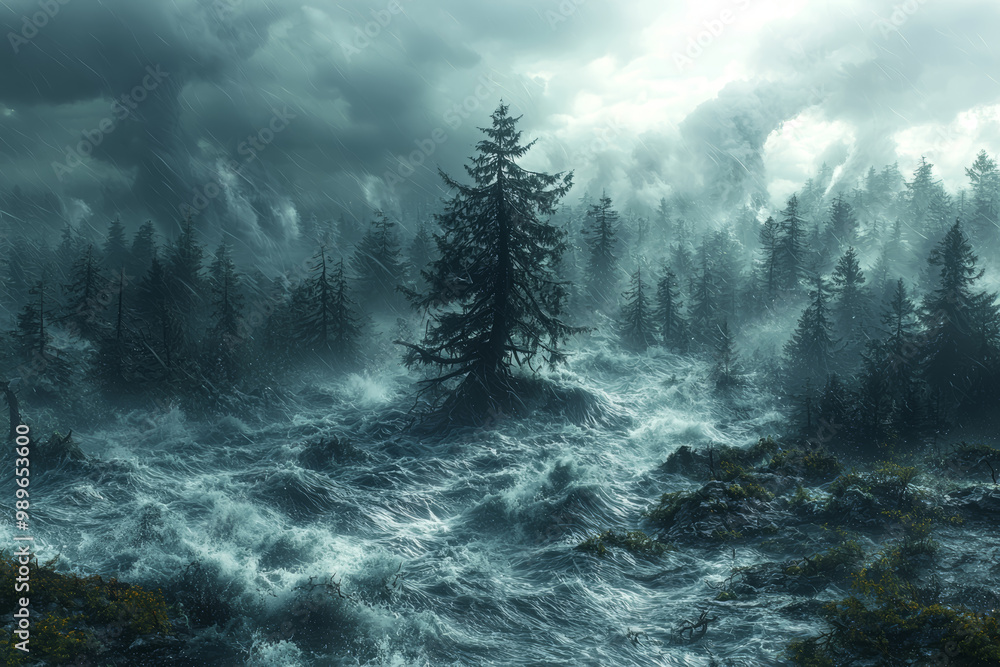 Aufkleber a windstorm uprooting trees in a densely forested area. concept of extreme weather patterns due to c