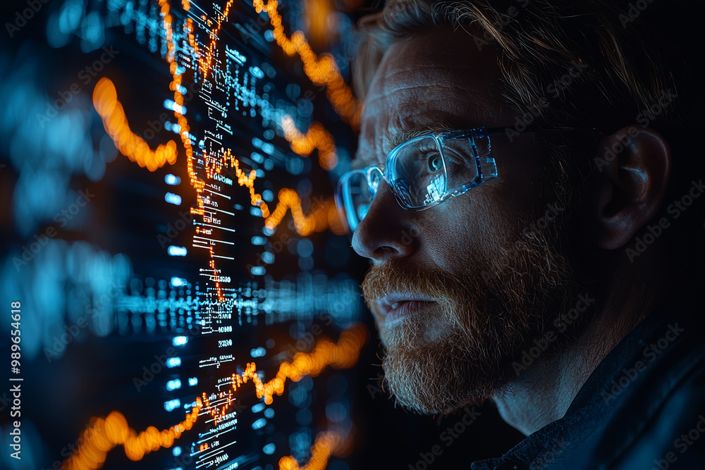 Poster a scientist analyzing genetic sequences on a digital interface. concept of modern genomics research.