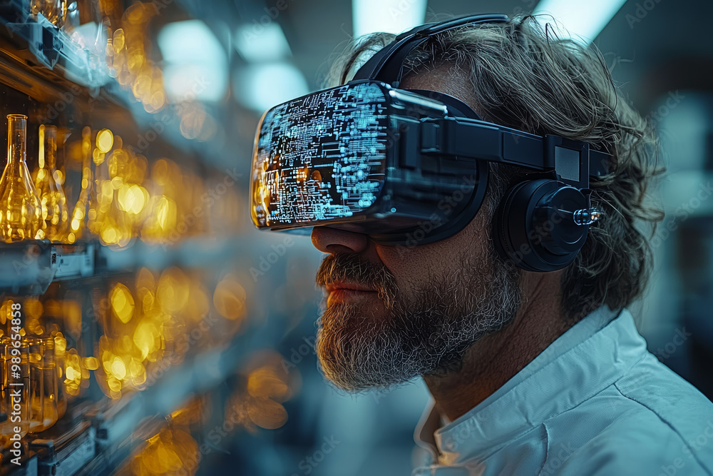 Poster a researcher using virtual reality to simulate complex chemical reactions. concept of advanced compu