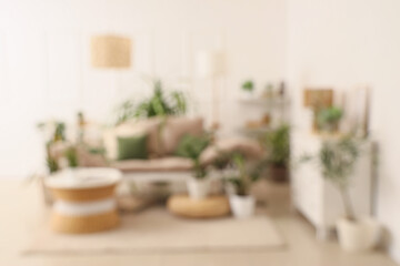 Blurred view of light living room with couch, table and green plants