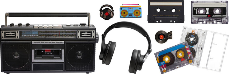 Boombox,cassette and headphones collection - Ready to use Premium PNG Cutout isolated image.