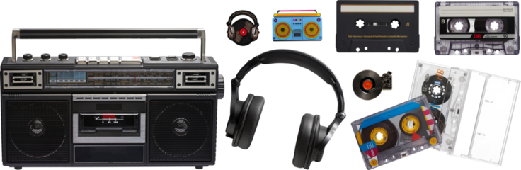 Boombox,cassette and headphones collection - Ready to use Premium PNG Cutout isolated image.
