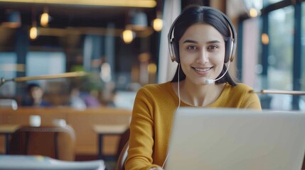 Head shot happy young indian ethnicity female manager wearing wireless headphones, looking at laptop screen, holding pleasant conversation with partners clients online, working remotely at workplace. 