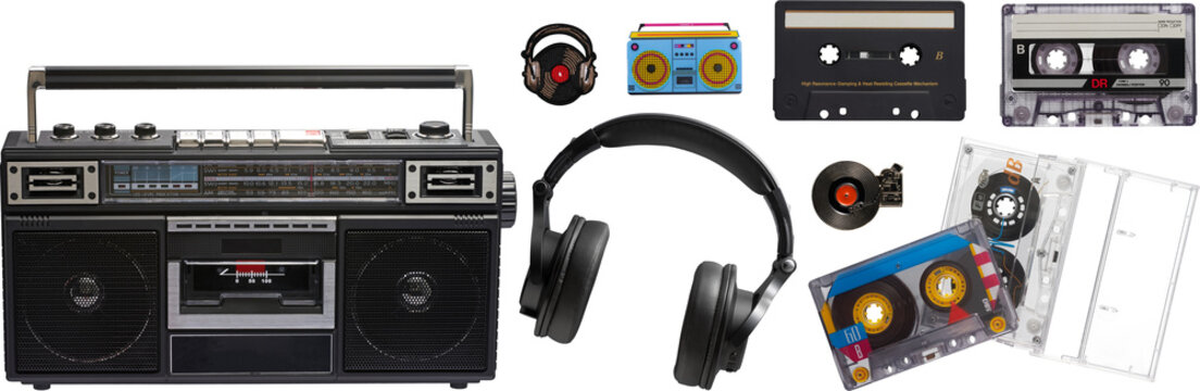 Boombox,cassette and headphones collection - Ready to use Premium PNG Cutout isolated image.