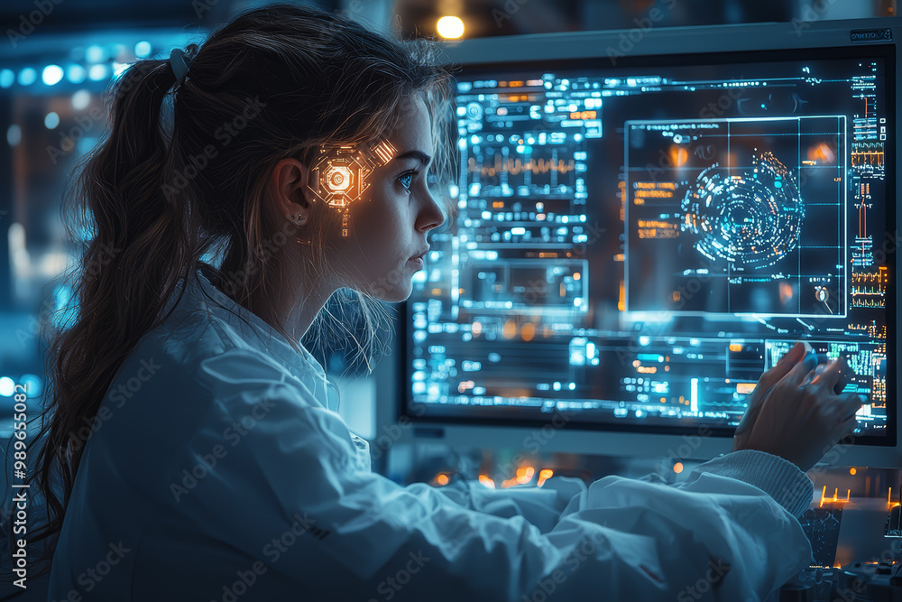Poster a researcher developing ai-driven diagnostic tools in a medical tech lab. concept of integrating ai 