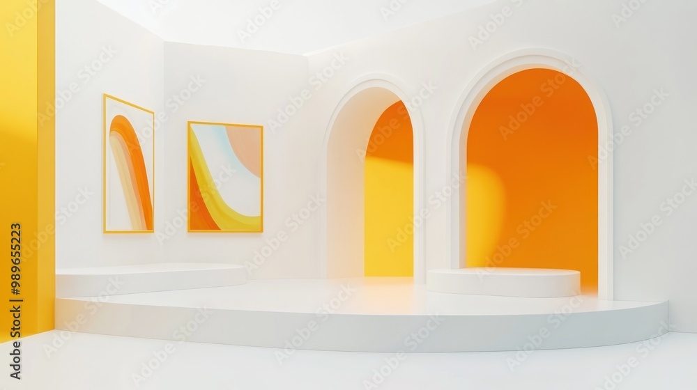 Canvas Prints A bright, minimalist interior with arches and abstract art, showcasing modern design.