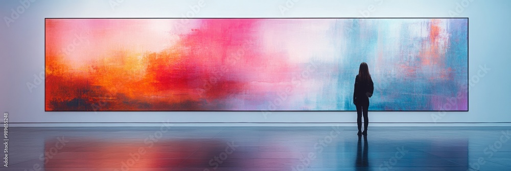 Poster abstract artwork displayed in a gallery, softly illuminated, creating a serene atmosphere, inviting 