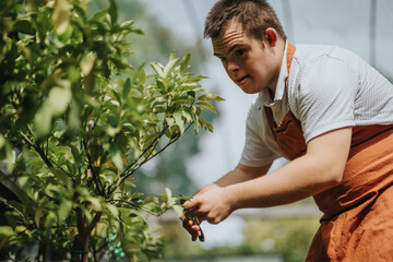 A dedicated young gardener with down syndrome carefully trims plants in a lush garden setting. His...