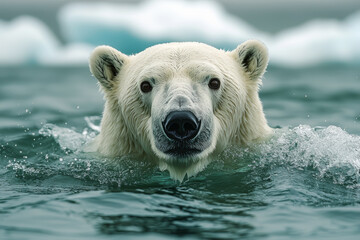 A polar bear swimming in the open ocean far from ice. Concept of the impact of climate change on wildlife.