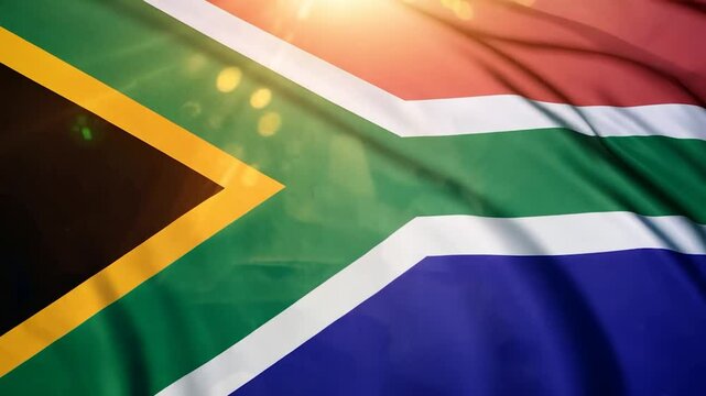 The South African flag proudly flutters in the breeze under bright sunlight, symbolizing the country's history, diversity, and unity among its people