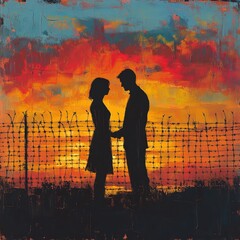 Couple holding hands through a fence, enduring love