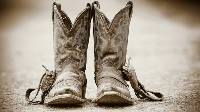 Cowboy boots and Mexican spurs displayed in black and white sepia tone, creating a vintage feel and leaving space for personalized text or branding, perfect for western-themed projects and designs