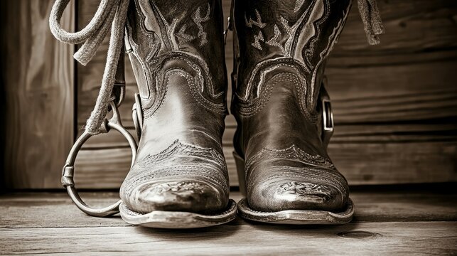 Cowboy boots and Mexican spurs displayed in black and white sepia tone, creating a vintage feel and leaving space for personalized text or branding, perfect for western-themed projects and designs