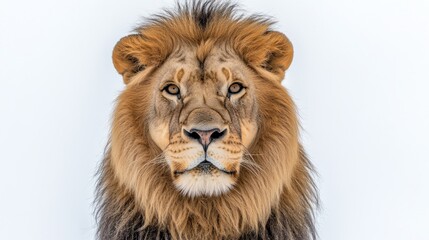 A close-up portrait of a majestic lion against a light background.