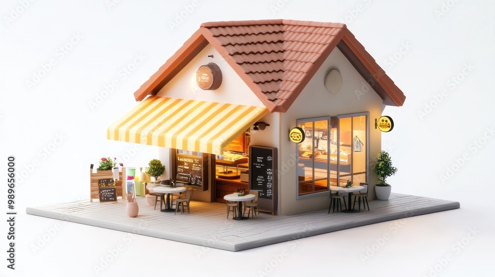 Poster A charming miniature café with an inviting outdoor seating area and striped awning.