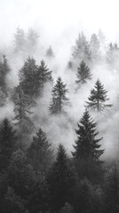 Obraz premium Monochrome Forest Landscape with Fog and Mist Scenery in Black and White