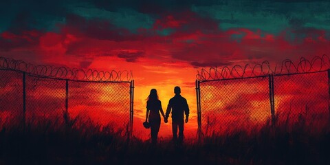 Couple holding hands through a fence, enduring love