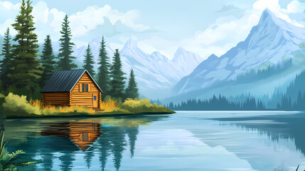 Fototapeta premium Wood cabin on the lake - log cabin surrounded by trees, mountains, and water in natural landscapes. Mountain Lake. Illustration