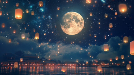 Lanterns Under Full Moon Sky. Magical Night Sky with Floating Lanterns and Full Moon