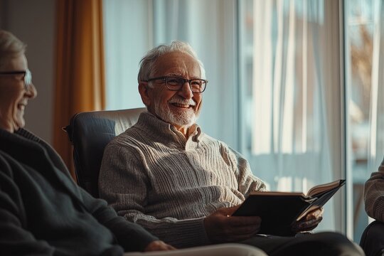 Elderly Men Enjoying a Cozy Afternoon Reading and Sharing Laughter in a Sunlit Living Room - Powered by Adobe