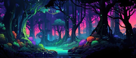 Fototapeta premium Enchanted Forest with Glowing Stream and Luminous Flowers