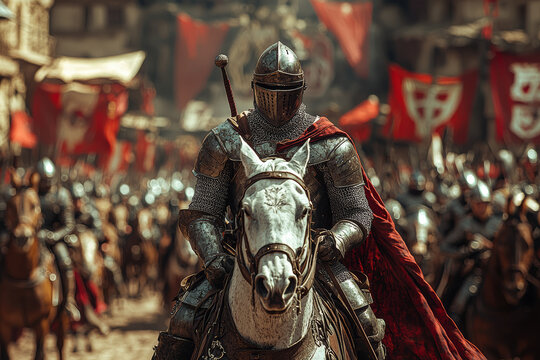 A knight in shining armor jousting during a grand tournament. Concept of medieval chivalry and combat.