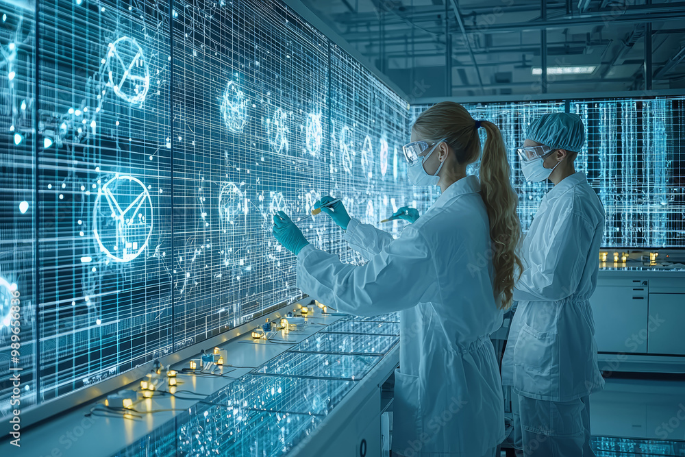 Poster a group of scientists testing renewable energy solutions in a smart grid lab. concept of sustainable